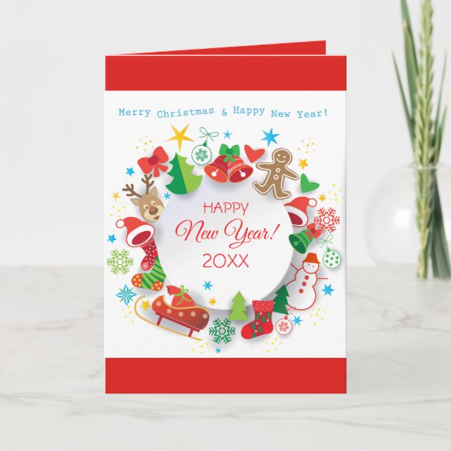 Cartes Pour Fêtes Annuelles Joyeux Nouvel An 20XX et personnages de Noël (Devant)
