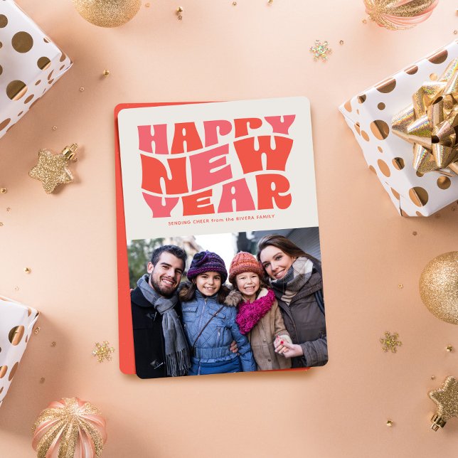 Cartes Pour Fêtes Annuelles Joyeux Nouvel An amusant rétro photo rouge rétro (Créateur téléchargé)
