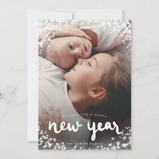 Cartes Pour Fêtes Annuelles Joyeux Nouvel An Blanc brillant Photo Neige (Devant)