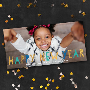 Cartes Pour Fêtes Annuelles Joyeux Nouvel An d'or Faux Foil avec Aqua Photo