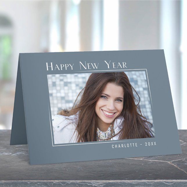 Cartes Pour Fêtes Annuelles Joyeux Nouvel An Elegant Simple Ardoise Bleu Photo (Available in high quality print or digital download for quick text messaging, email or self print.)