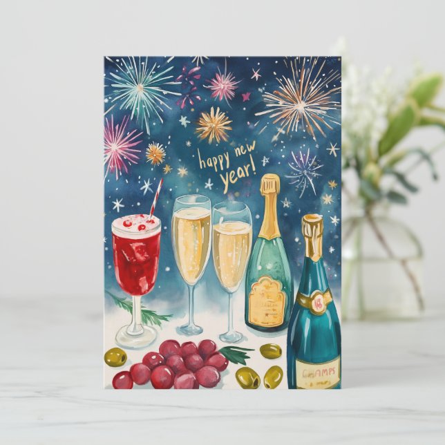 Cartes Pour Fêtes Annuelles JOYEUX NOUVEL AN Feux d'artifice bulleux à l'aquar (Debout devant)