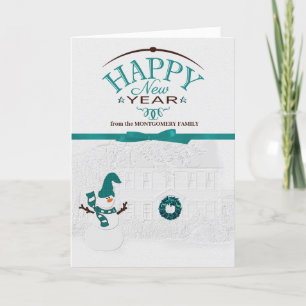 Cartes Pour Fêtes Annuelles Joyeux Nouvel An Front Yard Snowman avec le nom
