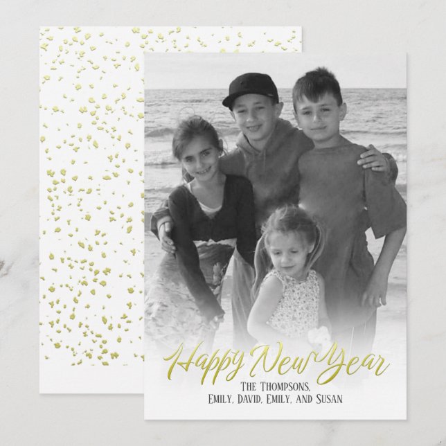 Cartes Pour Fêtes Annuelles Joyeux Nouvel An Gold Calligraphie Script 1 Photo (Devant / Derrière)