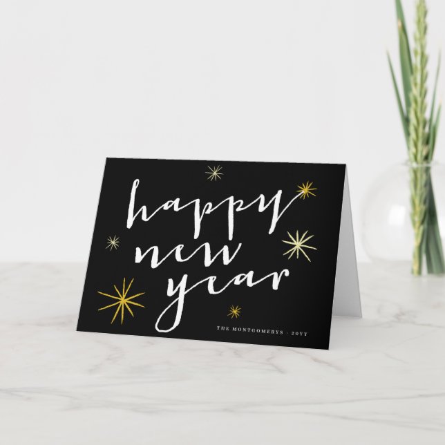 Cartes Pour Fêtes Annuelles Joyeux Nouvel An Script moderne Chic Gold Starburs (Devant)