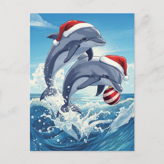 Cartes Pour Fêtes Annuelles Joyeux Océan Dolphins Santa Hats Noël (Devant)