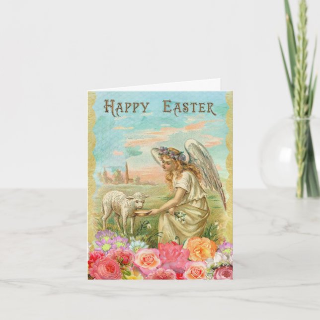 Cartes Pour Fêtes Annuelles Joyeux Pâques. Ange avec agneau. Fleurs (Devant)