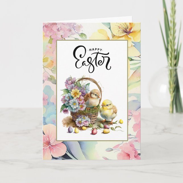 Cartes Pour Fêtes Annuelles Joyeux Pâques. Aquarelle Cute Chicks avec oeufs (Devant)