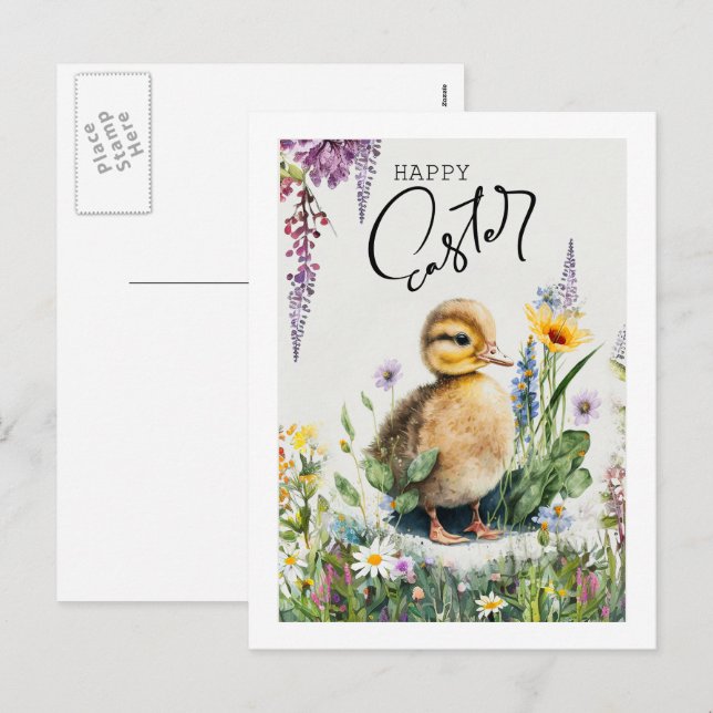 Cartes Pour Fêtes Annuelles Joyeux Pâques. Aquarelle Cute Duckkling (Devant / Derrière)