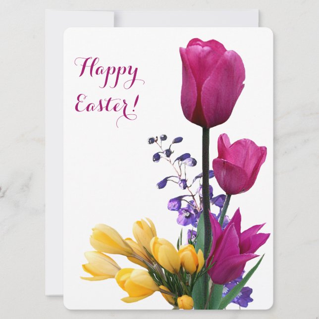 Cartes Pour Fêtes Annuelles Joyeux Pâques jolie tulipes roses crocus jaune mig (Devant)