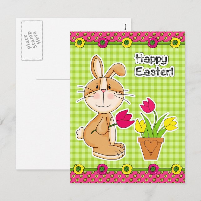 Cartes Pour Fêtes Annuelles Joyeux Pâques. Lapin mignon avec tulipes (Devant / Derrière)