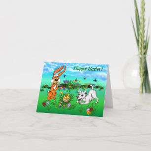 Cartes Pour Fêtes Annuelles Joyeux Pâques ! Lapin, poussin et chiot
