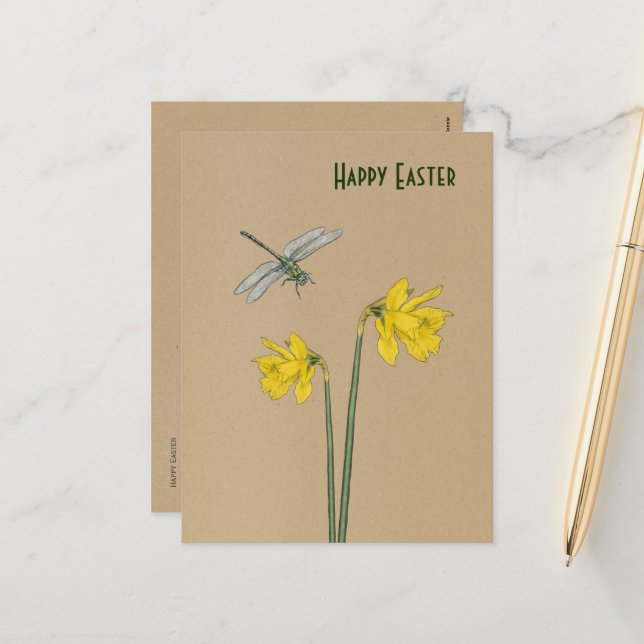 Cartes Pour Fêtes Annuelles Joyeux Pâques, narcisse, jonquille et libellule (Devant/Arrière en situation)