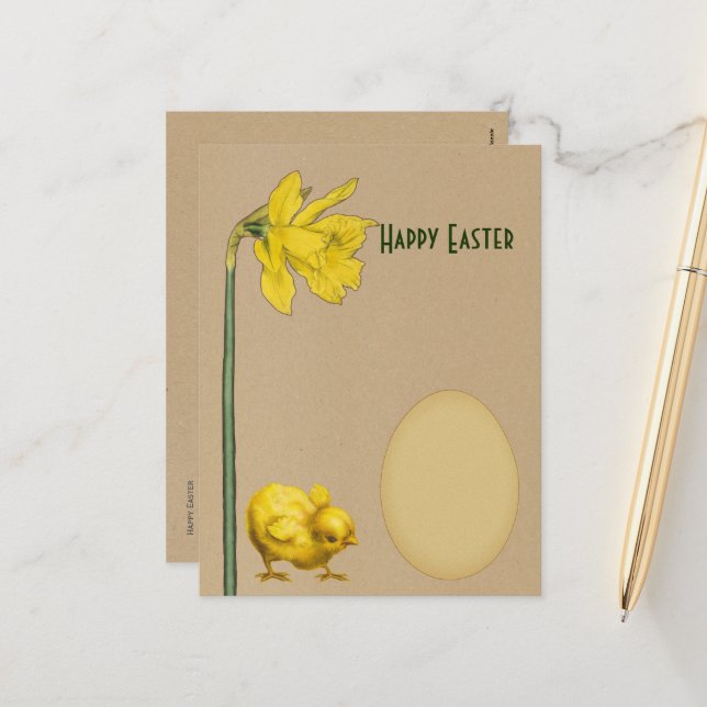 Cartes Pour Fêtes Annuelles Joyeux Pâques, narcisse, jonquille, oeuf et poussi (Devant/Arrière en situation)