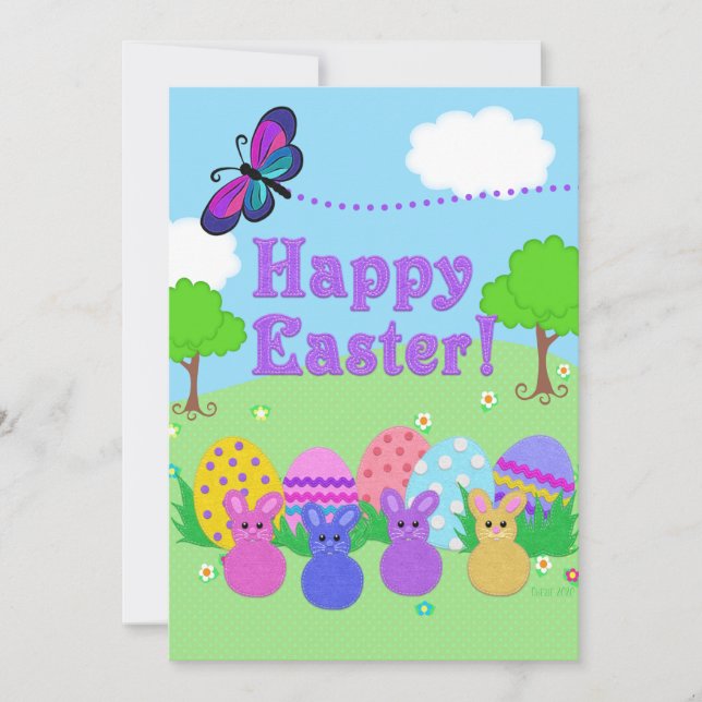 Cartes Pour Fêtes Annuelles  Joyeux Pâques ! OEufs et lapins à l'air (Devant)