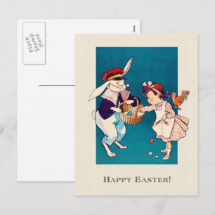 Cartes Pour Fêtes Annuelles Joyeux Pâques. Petite fille vintage et lièvre