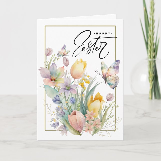 Cartes Pour Fêtes Annuelles Joyeux Pâques. Tulipes d'aquarelle et papillon (Devant)