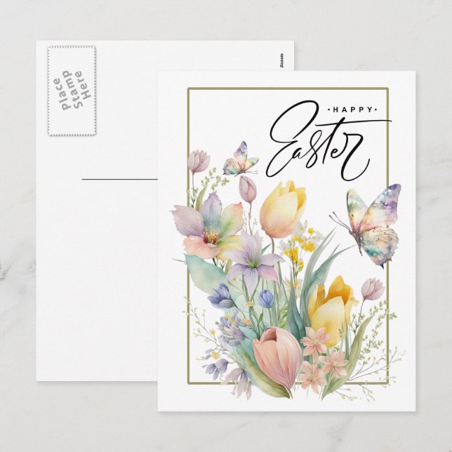 Cartes Pour Fêtes Annuelles Joyeux Pâques. Tulipes d'aquarelle et papillon (Devant / Derrière)