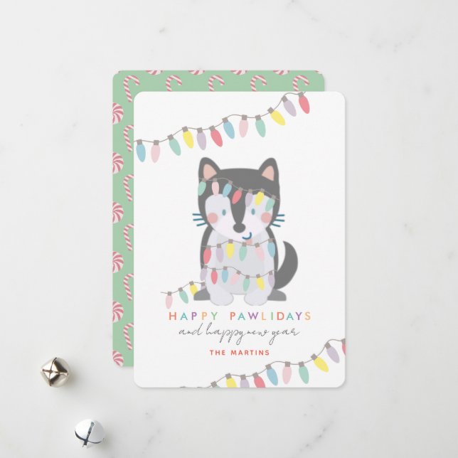 Cartes Pour Fêtes Annuelles Joyeux Pawlidays Sibériens Husky Feux de Noël (Devant/Arrière en situation)