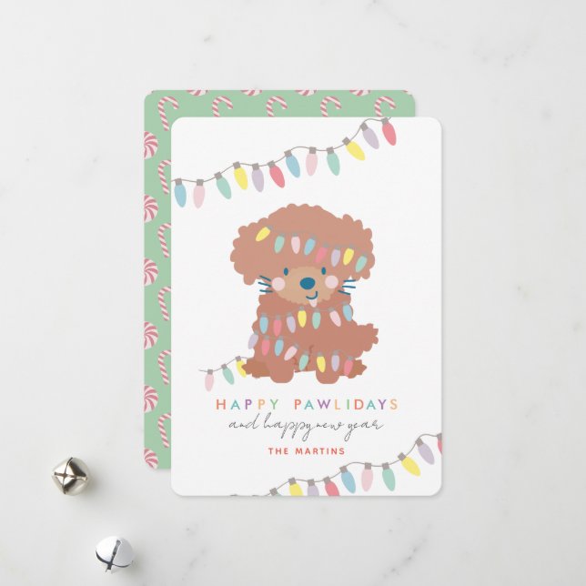 Cartes Pour Fêtes Annuelles Joyeux Pawlidays Toy Poodle Puppy Feux de Noël (Devant/Arrière en situation)