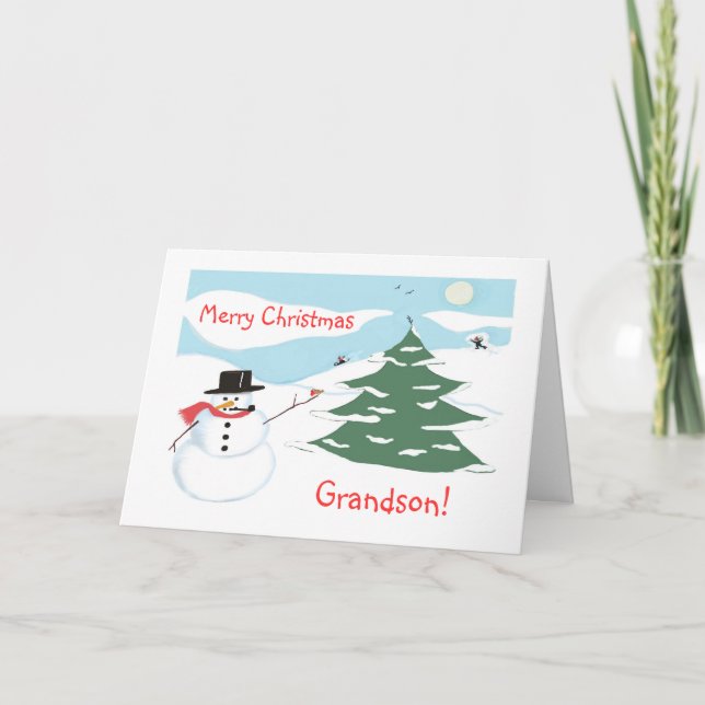 Cartes Pour Fêtes Annuelles Joyeux petit-fils de Noël !-Snowman et Sledding (Devant)