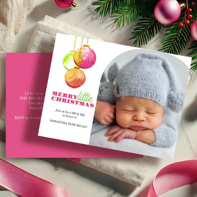 Cartes Pour Fêtes Annuelles Joyeux petit Noël Siroter une photo et voir (Sip and see Merry Little Christmas watercolor bauble art by Victoria Grigaliunas Do Tell A Belle)