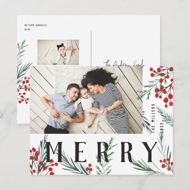 Cartes Pour Fêtes Annuelles Joyeux photo typographique Botaniques (Devant / Derrière)