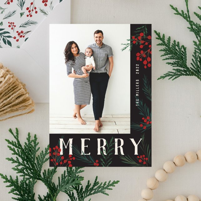 Cartes Pour Fêtes Annuelles Joyeux photo typographique Botaniques (Créateur téléchargé)