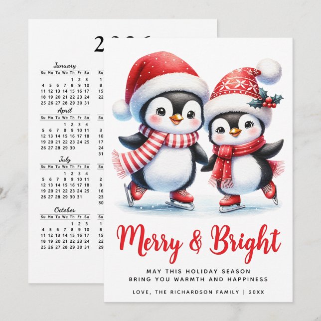 Cartes Pour Fêtes Annuelles Joyeux Pingouins amusants Blanc Rouge Noël (Devant / Derrière)