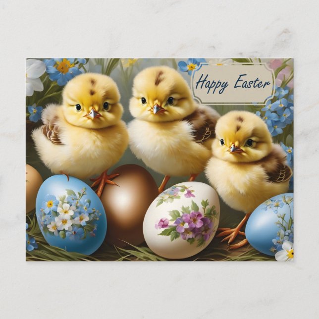 Cartes Pour Fêtes Annuelles Joyeux Poulet de Pâques avec oeufs de fleurs (Devant)