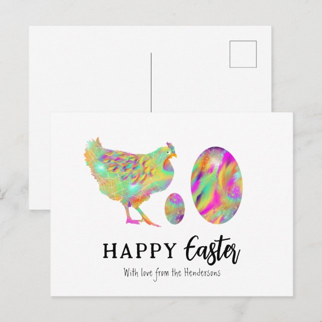 Cartes Pour Fêtes Annuelles Joyeux Poulet de Pâques et oeufs aquarelle (Devant / Derrière)
