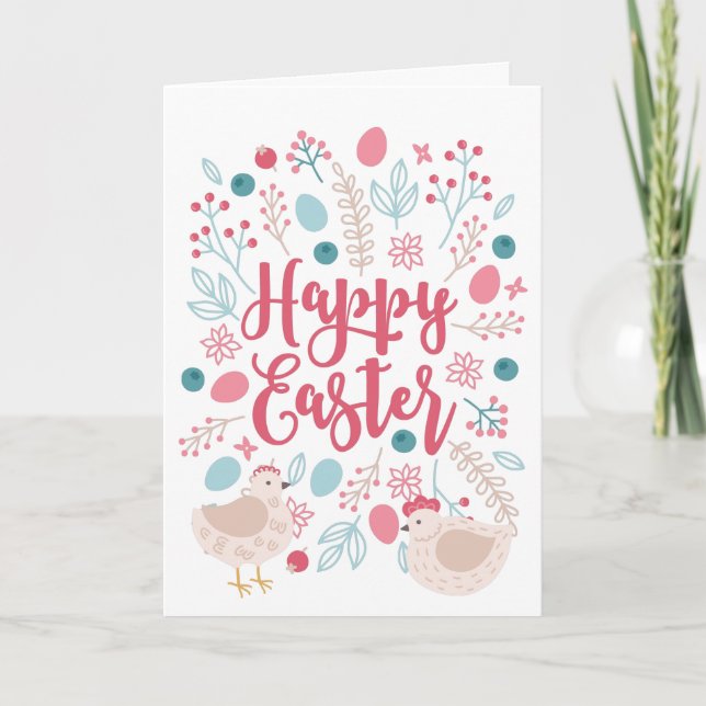 Cartes Pour Fêtes Annuelles Joyeux poulets et fleurs de Pâques (Devant)