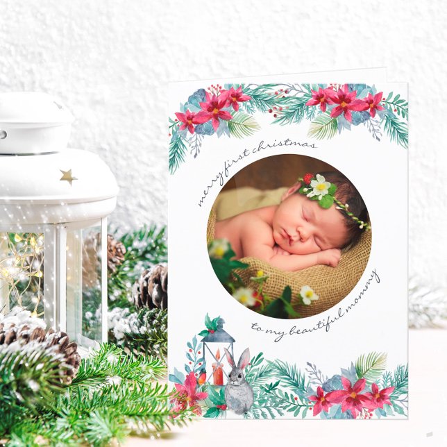Cartes Pour Fêtes Annuelles Joyeux premier Noël Holly Mistletoe Baby Photo (Créateur téléchargé)