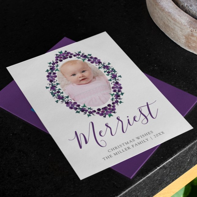Cartes Pour Fêtes Annuelles Joyeux Raisins pourpres de Noël Oval Wreath Photo (Créateur téléchargé)