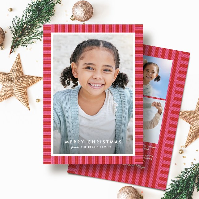 Cartes Pour Fêtes Annuelles Joyeux rayures brillantes mignonette rose rouge ph (Créateur téléchargé)