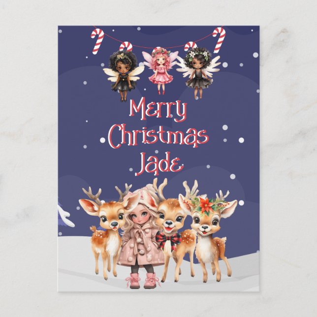 Cartes Pour Fêtes Annuelles Joyeux rennes de Noël Peppermenthe Fairy avec nom (Devant)