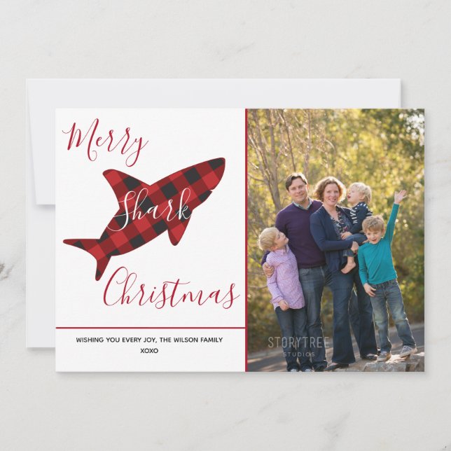 Cartes Pour Fêtes Annuelles Joyeux requin Noël Plaid Red White Photo (Devant)