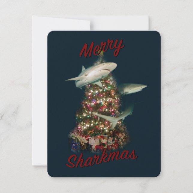 Cartes Pour Fêtes Annuelles Joyeux requins requins autour de l'arbre de Noël (Devant)