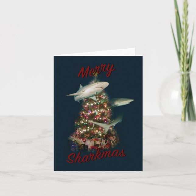 Cartes Pour Fêtes Annuelles Joyeux requins requins autour de l'arbre de Noël (Devant)
