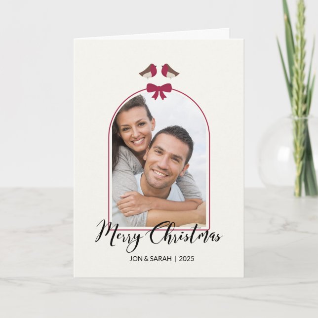Cartes Pour Fêtes Annuelles Joyeux Robins de Noël et Red Bow Arched (Devant)