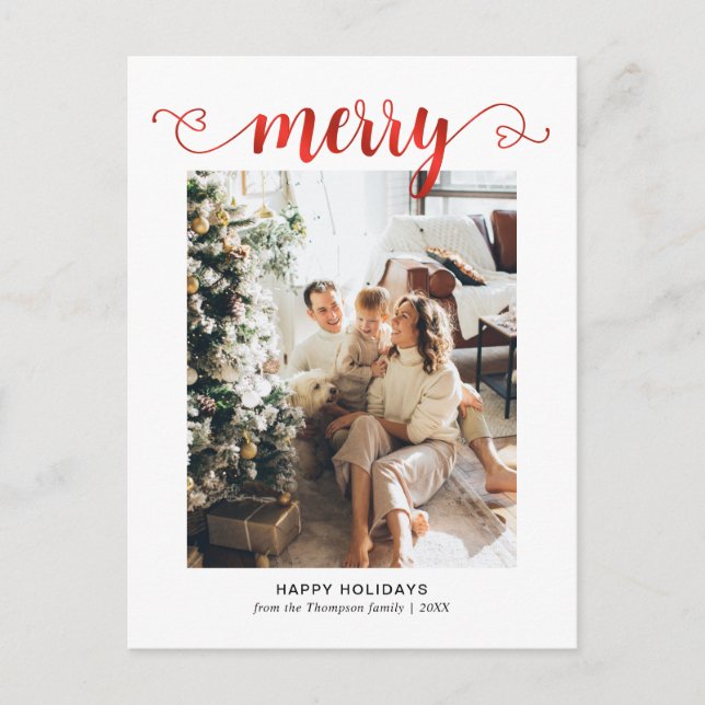 Cartes Pour Fêtes Annuelles Joyeux Rouge Coeur moderne Script Photo Noël (Devant)