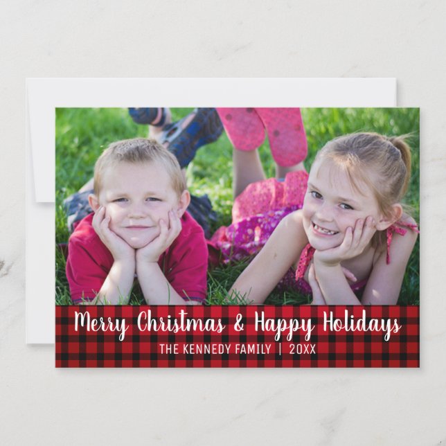 Cartes Pour Fêtes Annuelles Joyeux rouge Plaid Photo de Noël (Devant)