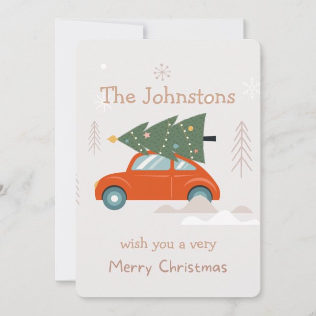 Cartes Pour Fêtes Annuelles Joyeux sapin de Noël sur voiture Orange Green Desi (Devant)