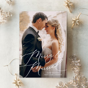 Cartes Pour Fêtes Annuelles Joyeux script blanc et photo mariée Noël