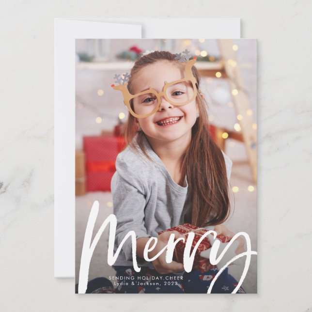Cartes Pour Fêtes Annuelles Joyeux script de brosse une photo Noël (Devant)