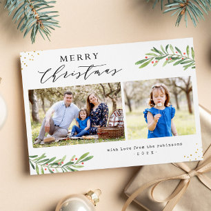 Cartes Pour Fêtes Annuelles Joyeux script de Noël Berries Foliage 2 Photos