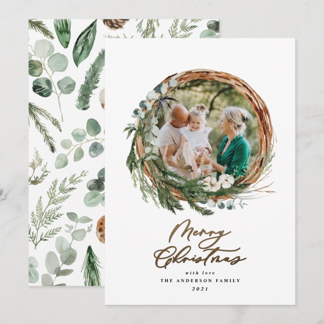 Cartes Pour Fêtes Annuelles Joyeux script de Noël de feuillage moderne chic (Devant / Derrière)