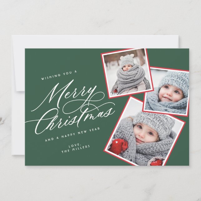 Cartes Pour Fêtes Annuelles Joyeux script de Noël intitulé Multi-Photo Green (Devant)