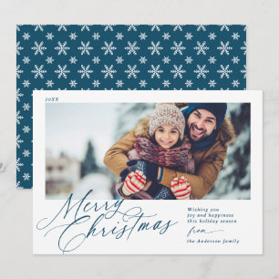 Cartes Pour Fêtes Annuelles Joyeux script de Noël Marine bleu et blanc 1 photo