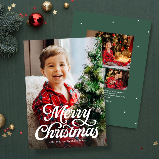 Cartes Pour Fêtes Annuelles Joyeux script de Noël photo verte classique (Créateur téléchargé)